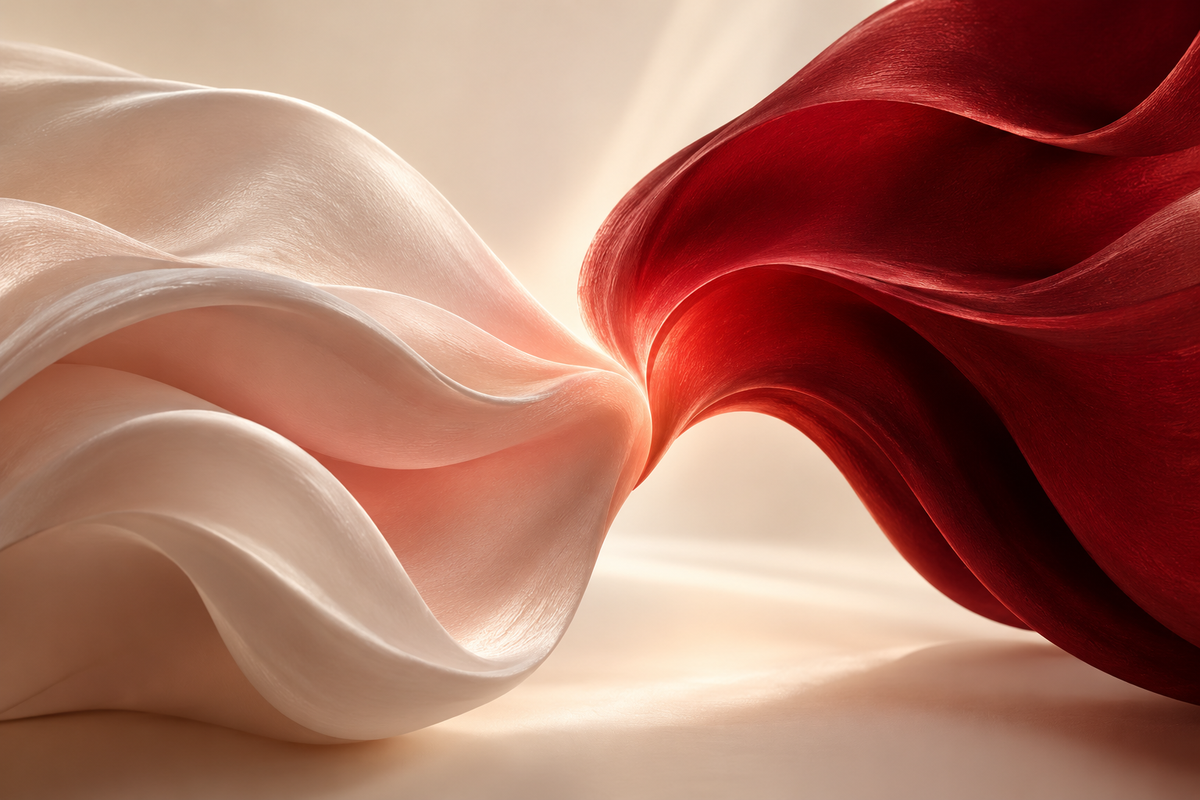 Forme rosse e rosa che si avvicinano e si illuminano, metafora del desiderio responsivo